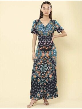 Label Ritu Kumar Women’s Sz S Dew Drops Viscose Multicolor Floral Boho Dress